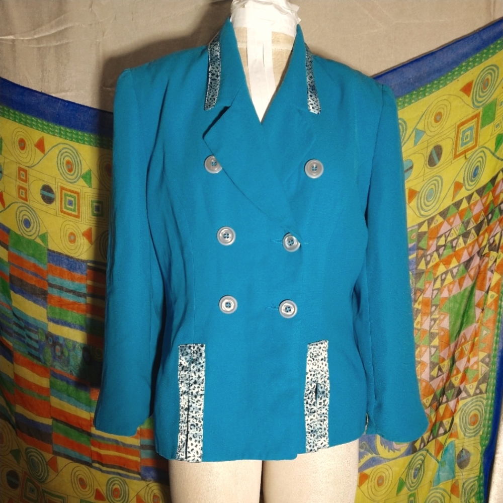 Vintage 80s Bright Teal Double Breasted Leopard Trim Double Collar Power Suit